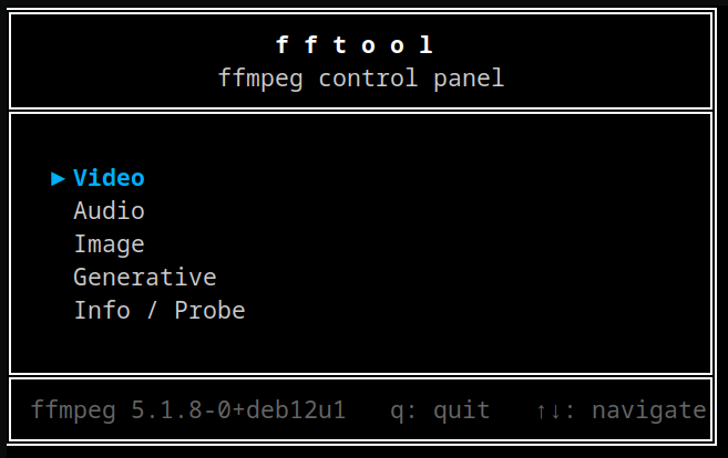 fftool TUI showing main menu